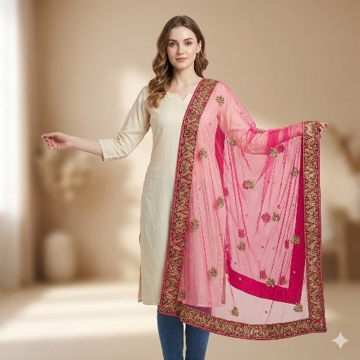 Sanskriti Vintage Pink Net Dupatta/Stole Hand Embroidery Zardozi Dabka Neck Veil