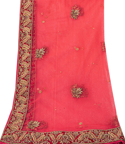 Sanskriti Vintage Pink Net Dupatta/Stole Hand Embroidery Zardozi Dabka Neck Veil