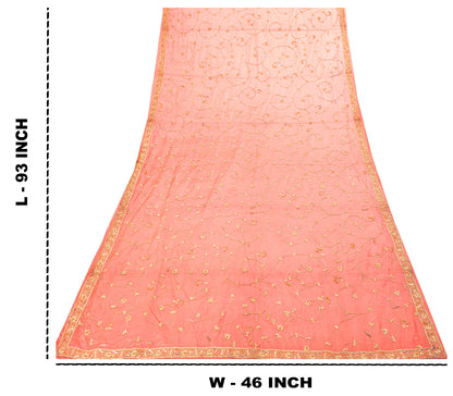 Sanskriti Vintage Peach 100%Pure Silk Dupatta/Stole Hand Embroidery Zardozi Veil