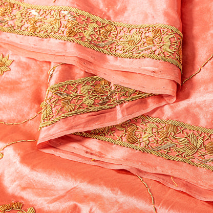 Sanskriti Vintage Peach 100%Pure Silk Dupatta/Stole Hand Embroidery Zardozi Veil