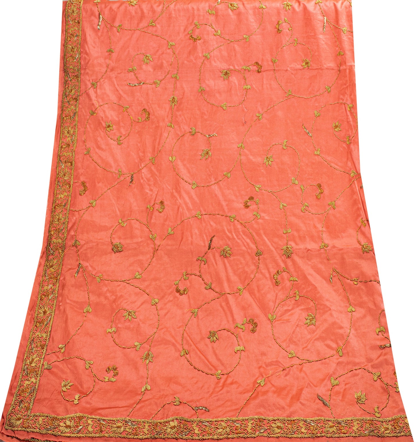 Sanskriti Vintage Peach 100%Pure Silk Dupatta/Stole Hand Embroidery Zardozi Veil
