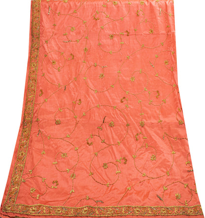 Sanskriti Vintage Peach 100%Pure Silk Dupatta/Stole Hand Embroidery Zardozi Veil