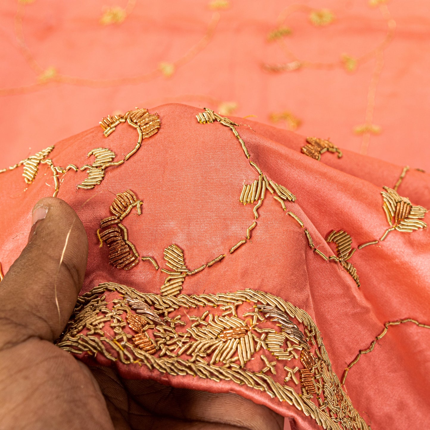 Sanskriti Vintage Peach 100%Pure Silk Dupatta/Stole Hand Embroidery Zardozi Veil