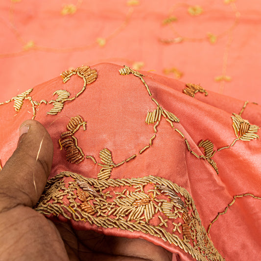 Sanskriti Vintage Peach 100%Pure Silk Dupatta/Stole Hand Embroidery Zardozi Veil