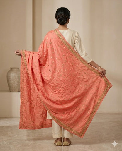 Sanskriti Vintage Peach 100%Pure Silk Dupatta/Stole Hand Embroidery Zardozi Veil