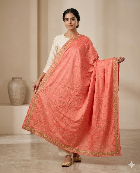 Sanskriti Vintage Peach 100%Pure Silk Dupatta/Stole Hand Embroidery Zardozi Veil