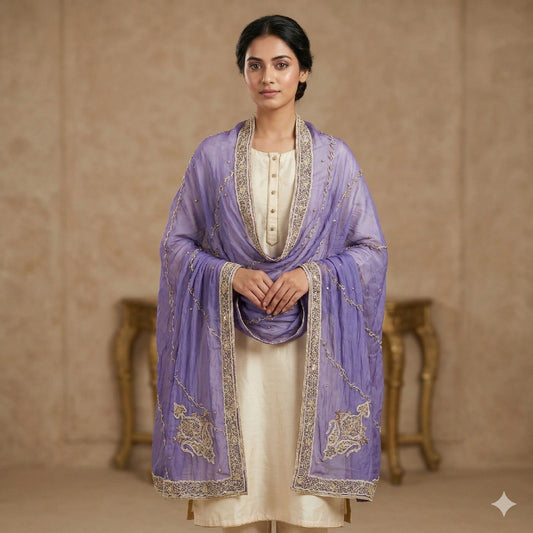 Sanskriti Vintage Blue Soft Art Silk Dupatta/Stole Hand Embroidery Zardozi Dabka