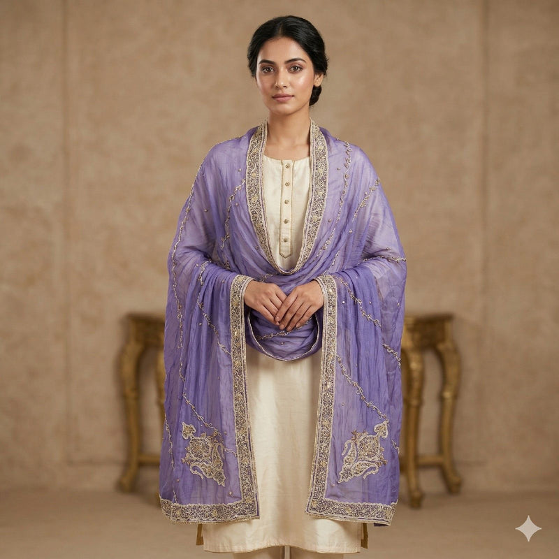 Sanskriti Vintage Blue Soft Art Silk Dupatta/Stole Hand Embroidery Zardozi Dabka