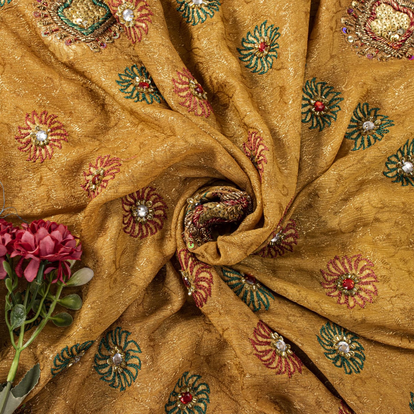 Sanskriti Vintage Golden Pure Chiffon Dupatta/Stole Hand Embroidery Beads Veil
