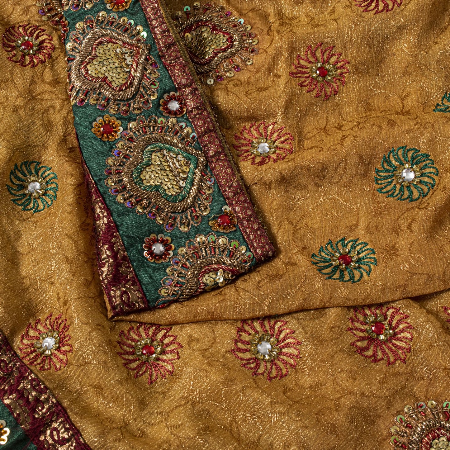 Sanskriti Vintage Golden Pure Chiffon Dupatta/Stole Hand Embroidery Beads Veil