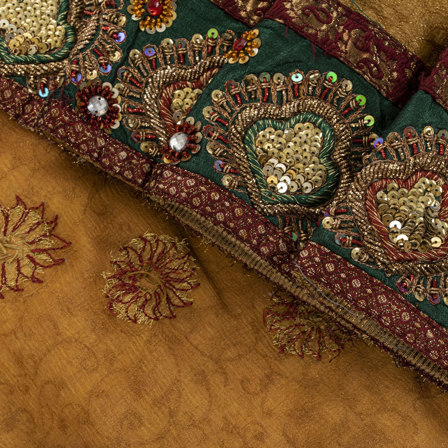 Sanskriti Vintage Golden Pure Chiffon Dupatta/Stole Hand Embroidery Beads Veil