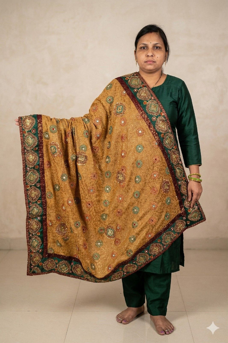 Sanskriti Vintage Golden Pure Chiffon Dupatta/Stole Hand Embroidery Beads Veil