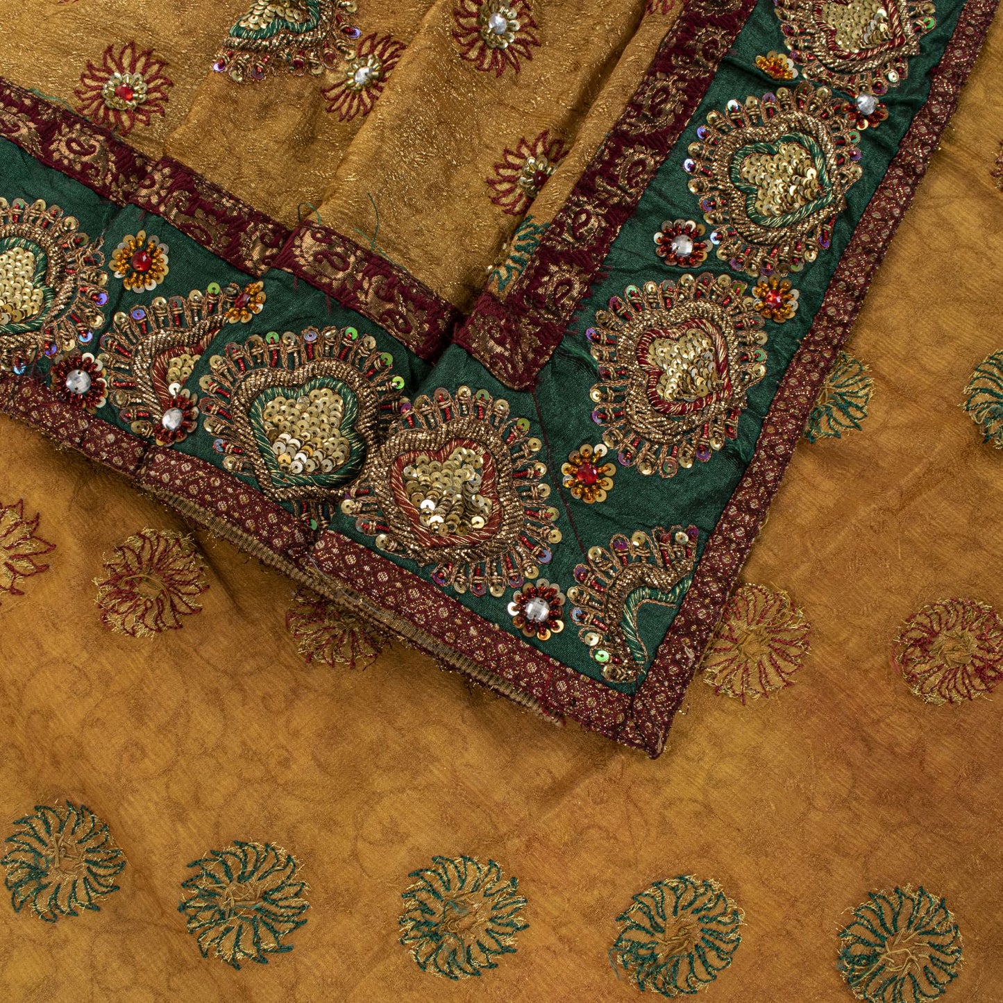Sanskriti Vintage Golden Pure Chiffon Dupatta/Stole Hand Embroidery Beads Veil