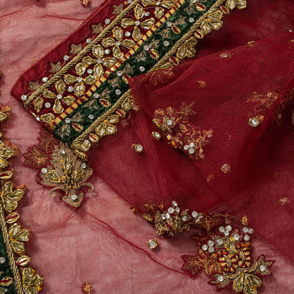 Sanskriti Vintage Dark Red Net Dupatta/Stole Hand Embroidery Zardozi Dabak Veil