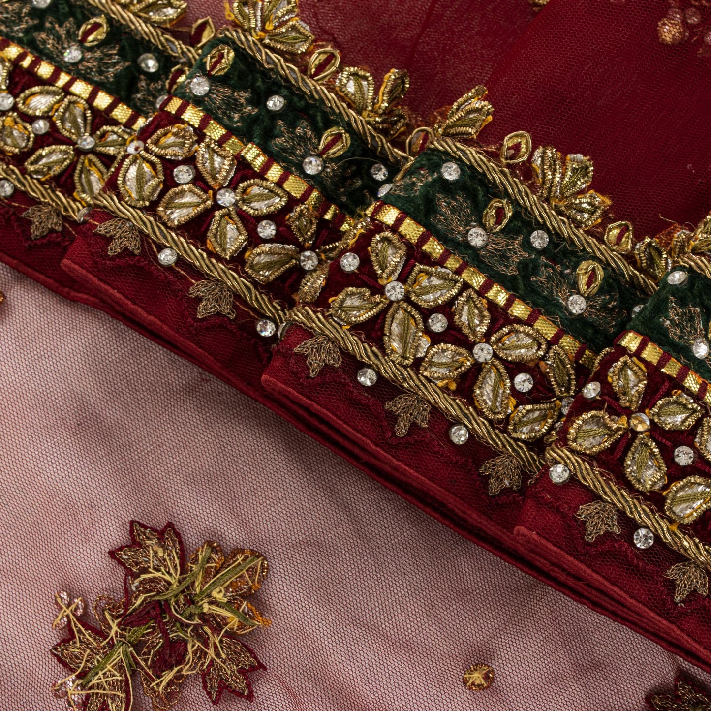 Sanskriti Vintage Dark Red Net Dupatta/Stole Hand Embroidery Zardozi Dabak Veil