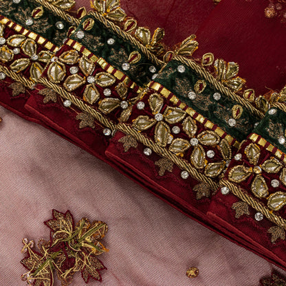 Sanskriti Vintage Dark Red Net Dupatta/Stole Hand Embroidery Zardozi Dabak Veil