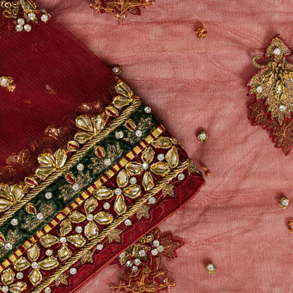 Sanskriti Vintage Dark Red Net Dupatta/Stole Hand Embroidery Zardozi Dabak Veil