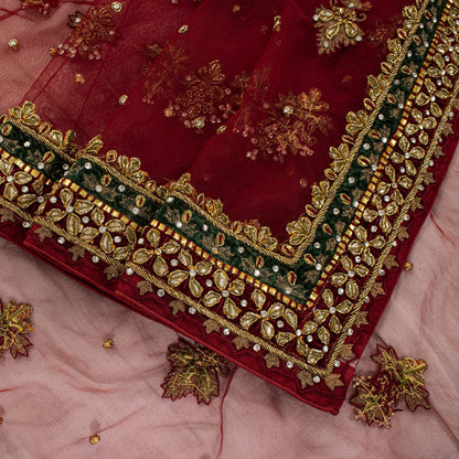 Sanskriti Vintage Dark Red Net Dupatta/Stole Hand Embroidery Zardozi Dabak Veil
