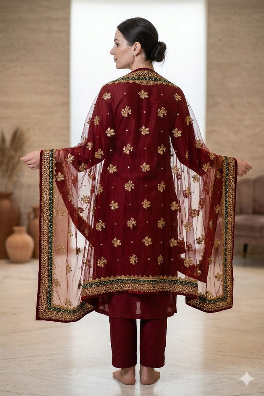 Sanskriti Vintage Dark Red Net Dupatta/Stole Hand Embroidery Zardozi Dabak Veil