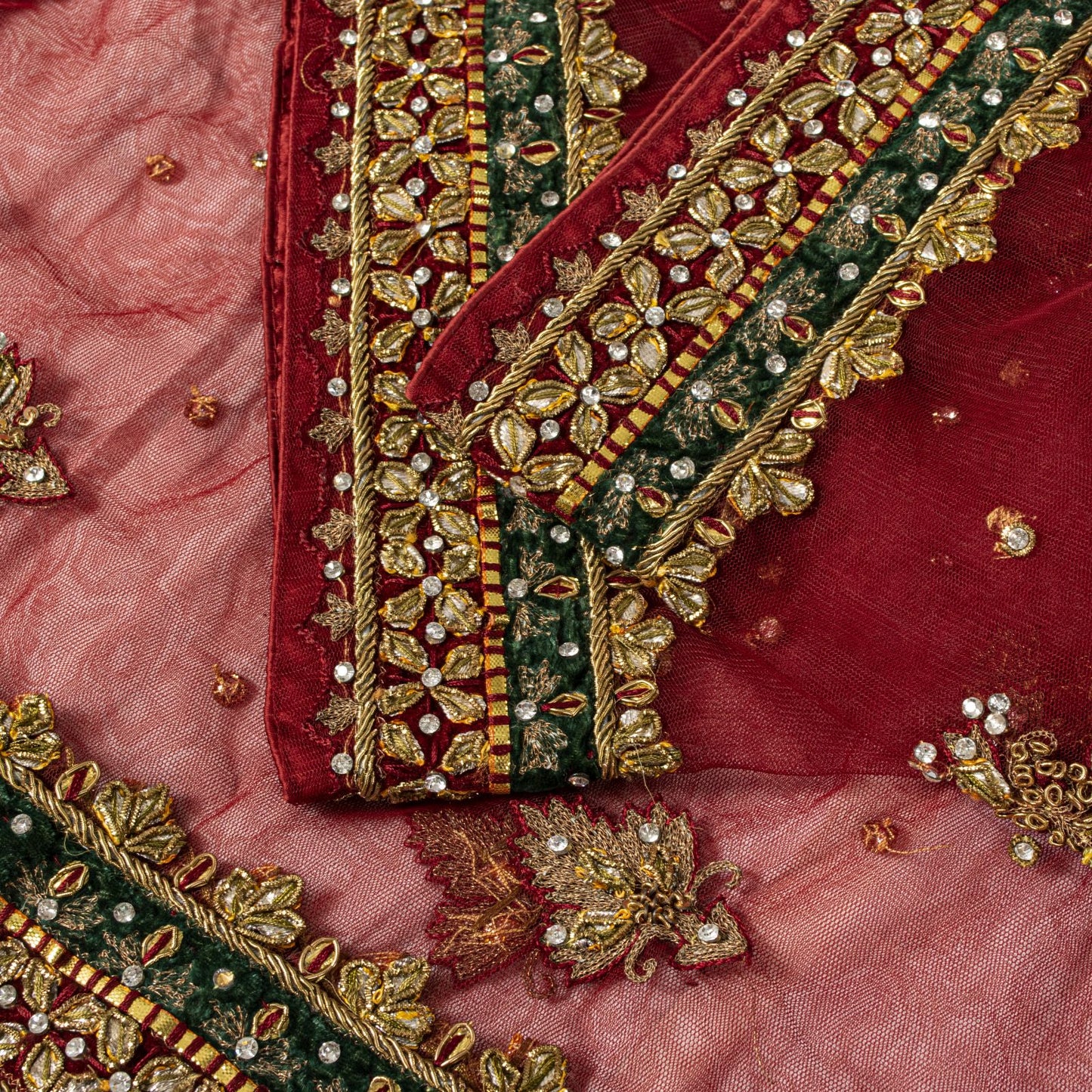 Sanskriti Vintage Dark Red Net Dupatta/Stole Hand Embroidery Zardozi Dabak Veil