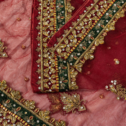 Sanskriti Vintage Dark Red Net Dupatta/Stole Hand Embroidery Zardozi Dabak Veil