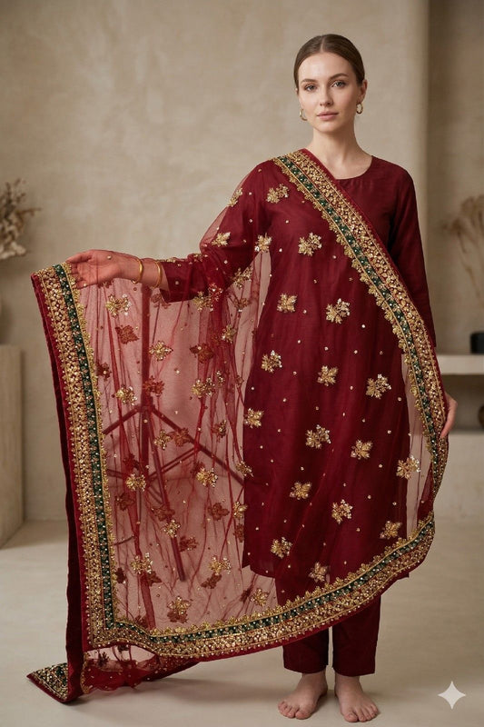 Sanskriti Vintage Dark Red Net Dupatta/Stole Hand Embroidery Zardozi Dabak Veil
