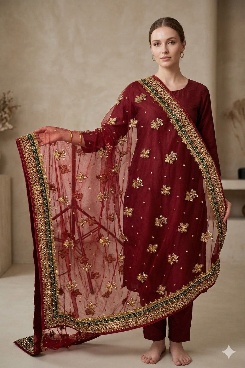 Sanskriti Vintage Dark Red Net Dupatta/Stole Hand Embroidery Zardozi Dabak Veil
