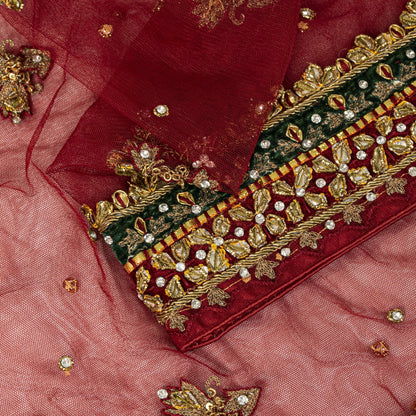 Sanskriti Vintage Dark Red Net Dupatta/Stole Hand Embroidery Zardozi Dabak Veil