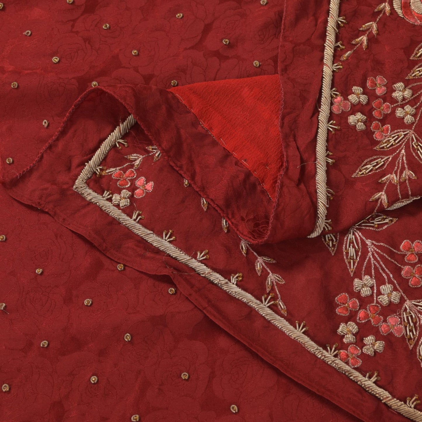 Sanskriti Vintage Red Soft Pure Silk Dupatta/Stole Hand Embroidery Zari Zardozi