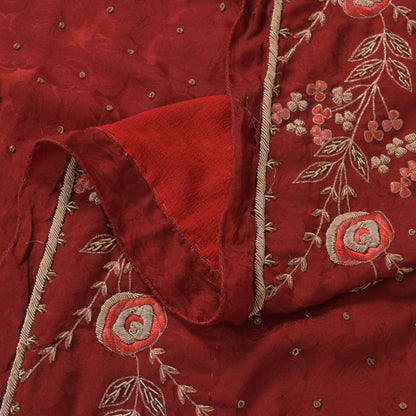 Sanskriti Vintage Red Soft Pure Silk Dupatta/Stole Hand Embroidery Zari Zardozi