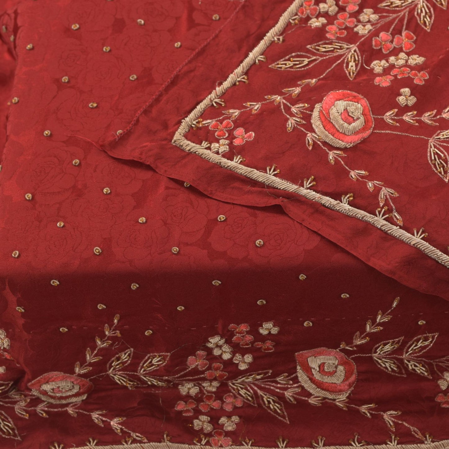 Sanskriti Vintage Red Soft Pure Silk Dupatta/Stole Hand Embroidery Zari Zardozi