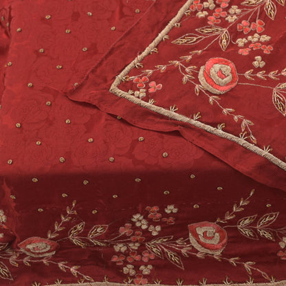Sanskriti Vintage Red Soft Pure Silk Dupatta/Stole Hand Embroidery Zari Zardozi