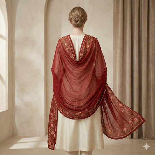 Sanskriti Vintage Red Soft Pure Silk Dupatta/Stole Hand Embroidery Zari Zardozi
