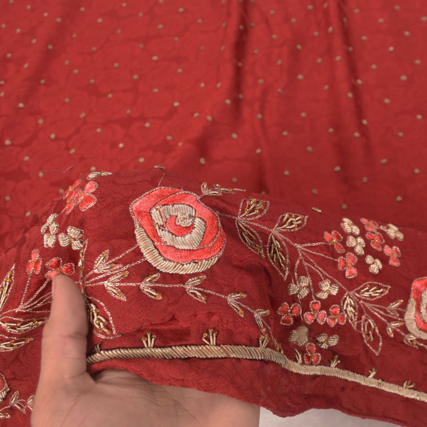Sanskriti Vintage Red Soft Pure Silk Dupatta/Stole Hand Embroidery Zari Zardozi