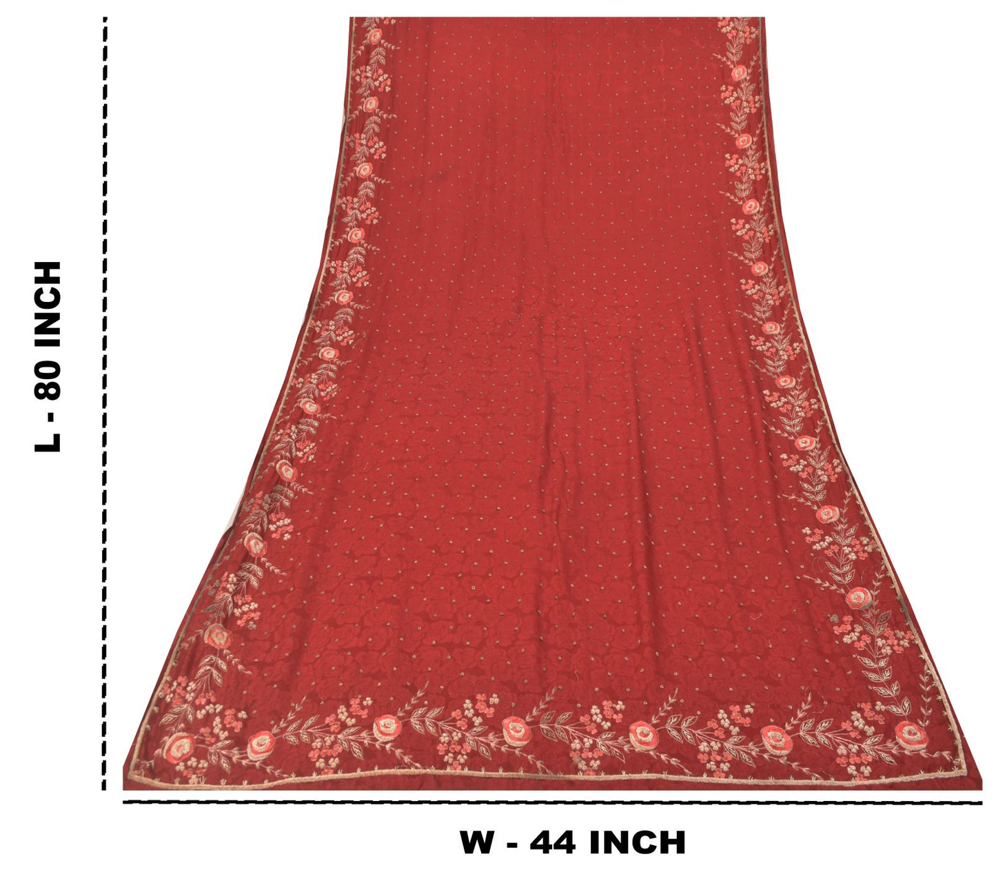 Sanskriti Vintage Red Soft Pure Silk Dupatta/Stole Hand Embroidery Zari Zardozi