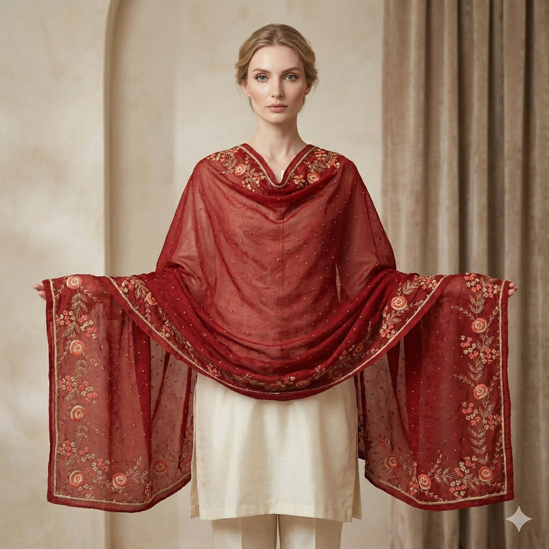 Sanskriti Vintage Red Soft Pure Silk Dupatta/Stole Hand Embroidery Zari Zardozi