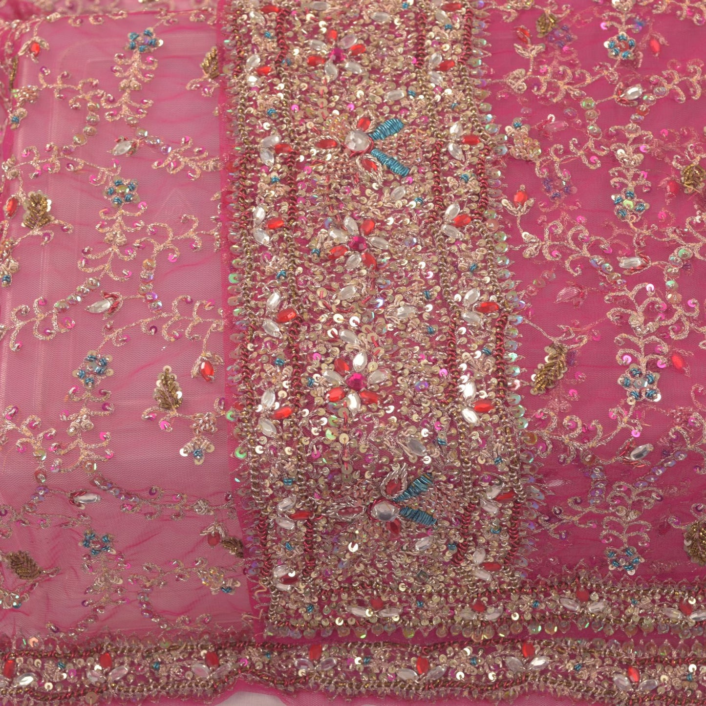 Sanskriti Vintage Pink Net Dupatta/Stole Hand Embroidery Zari Zardozi Bead Veil