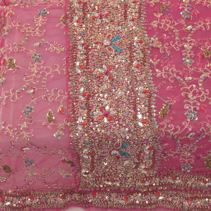Sanskriti Vintage Pink Net Dupatta/Stole Hand Embroidery Zari Zardozi Bead Veil