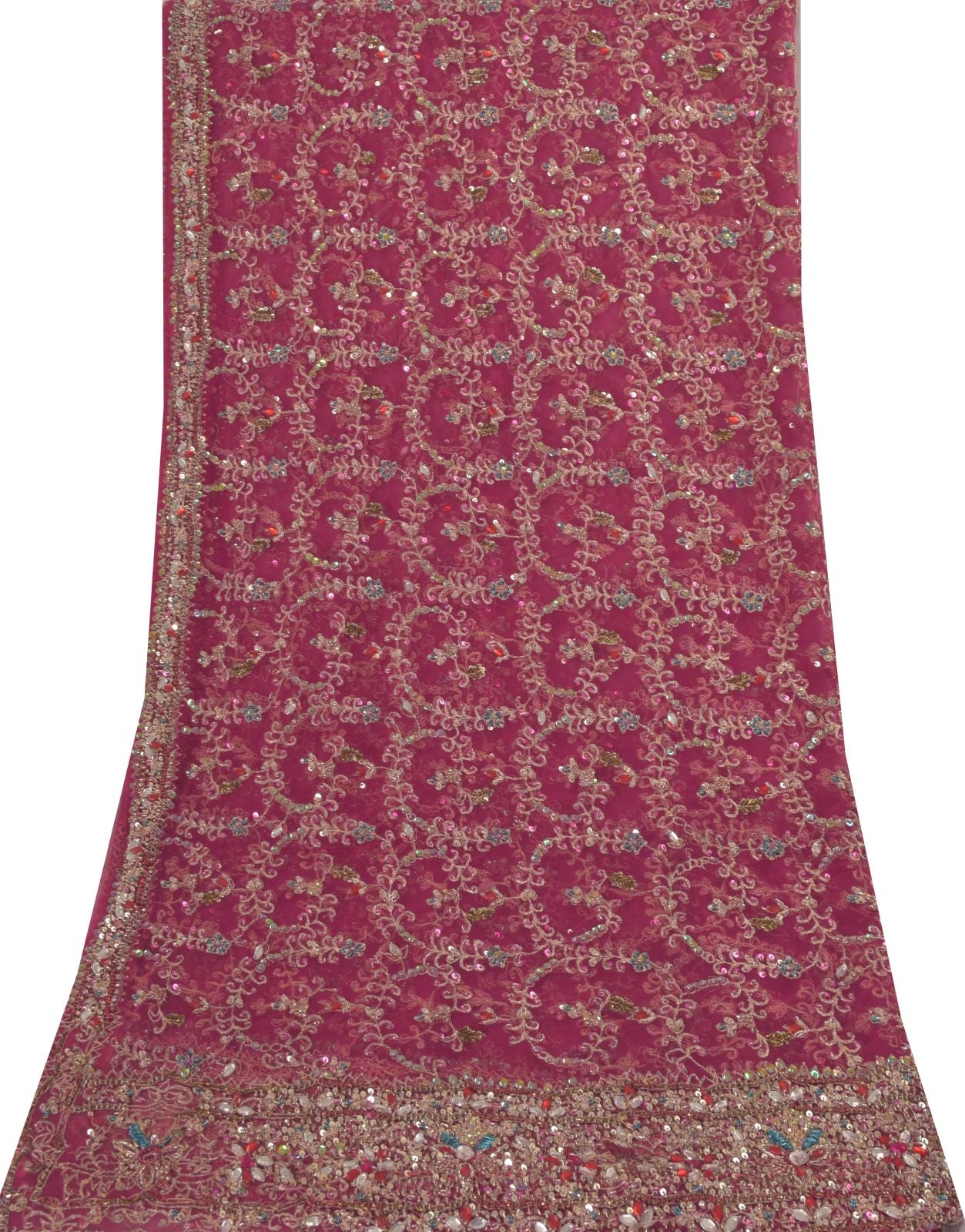 Sanskriti Vintage Pink Net Dupatta/Stole Hand Embroidery Zari Zardozi Bead Veil