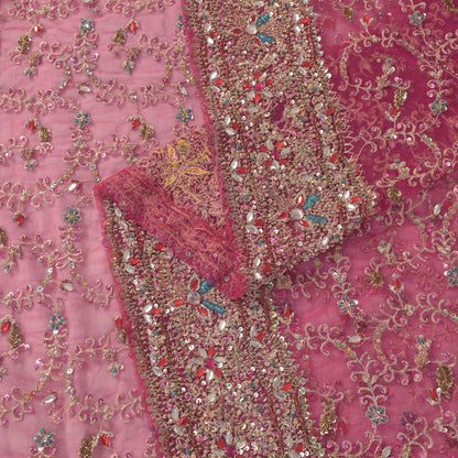 Sanskriti Vintage Pink Net Dupatta/Stole Hand Embroidery Zari Zardozi Bead Veil