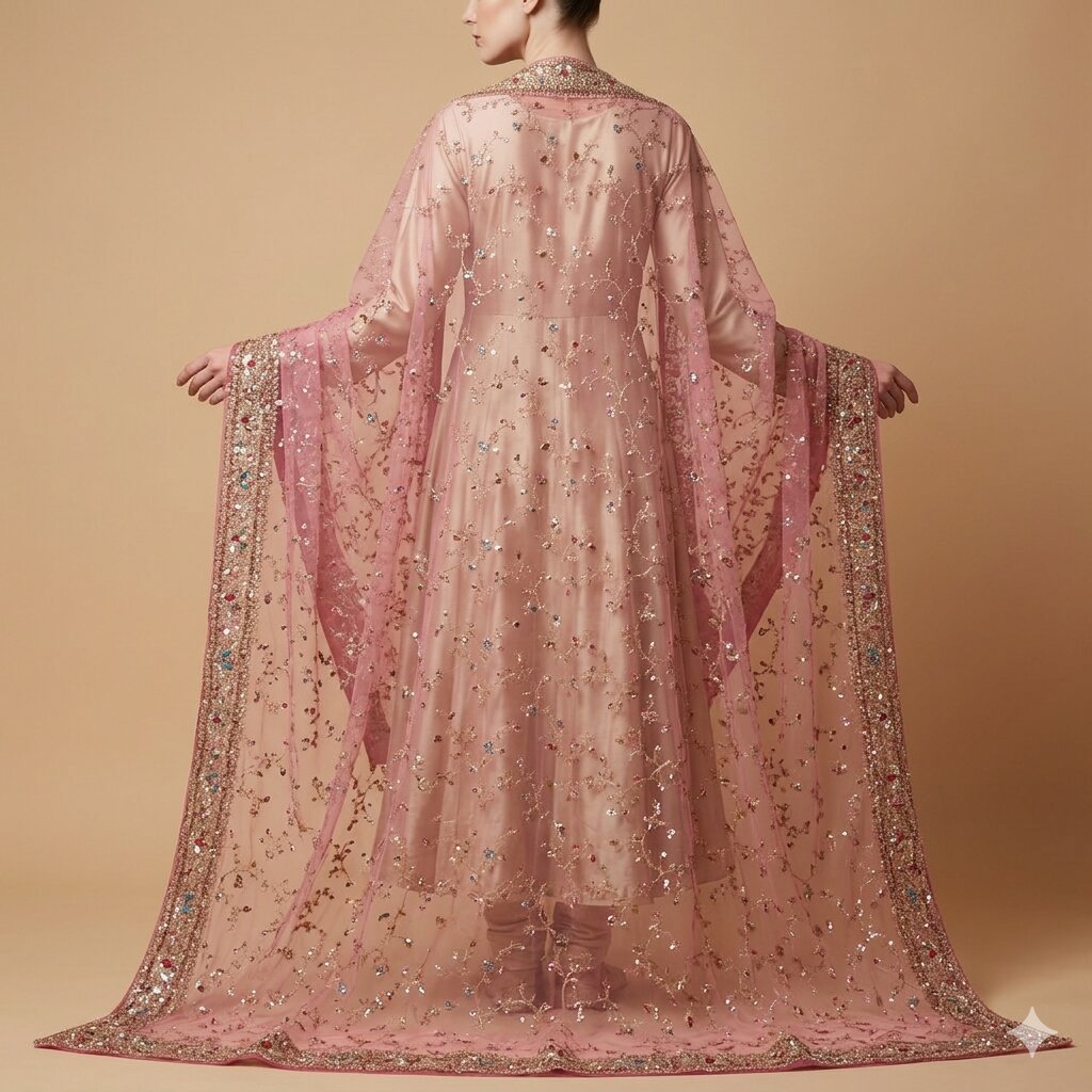 Sanskriti Vintage Pink Net Dupatta/Stole Hand Embroidery Zari Zardozi Bead Veil