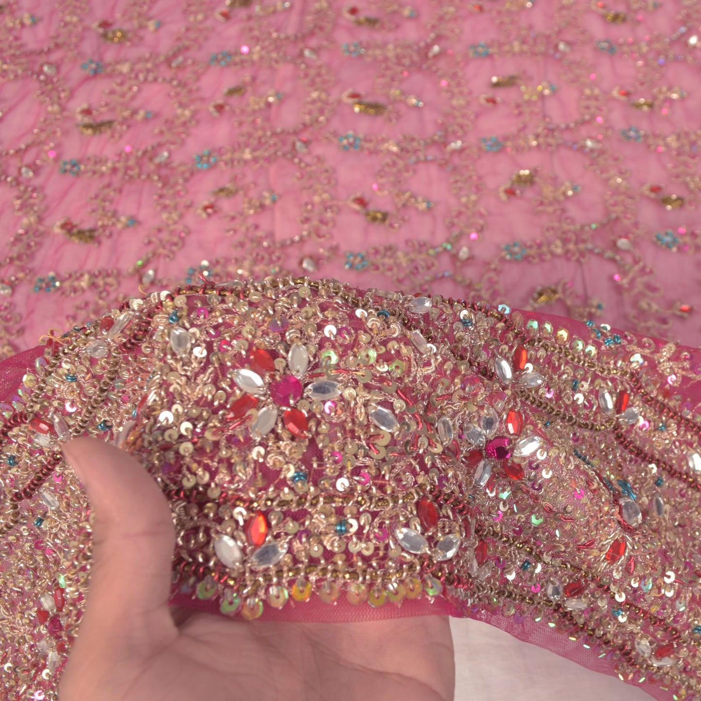 Sanskriti Vintage Pink Net Dupatta/Stole Hand Embroidery Zari Zardozi Bead Veil