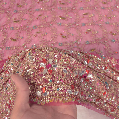 Sanskriti Vintage Pink Net Dupatta/Stole Hand Embroidery Zari Zardozi Bead Veil