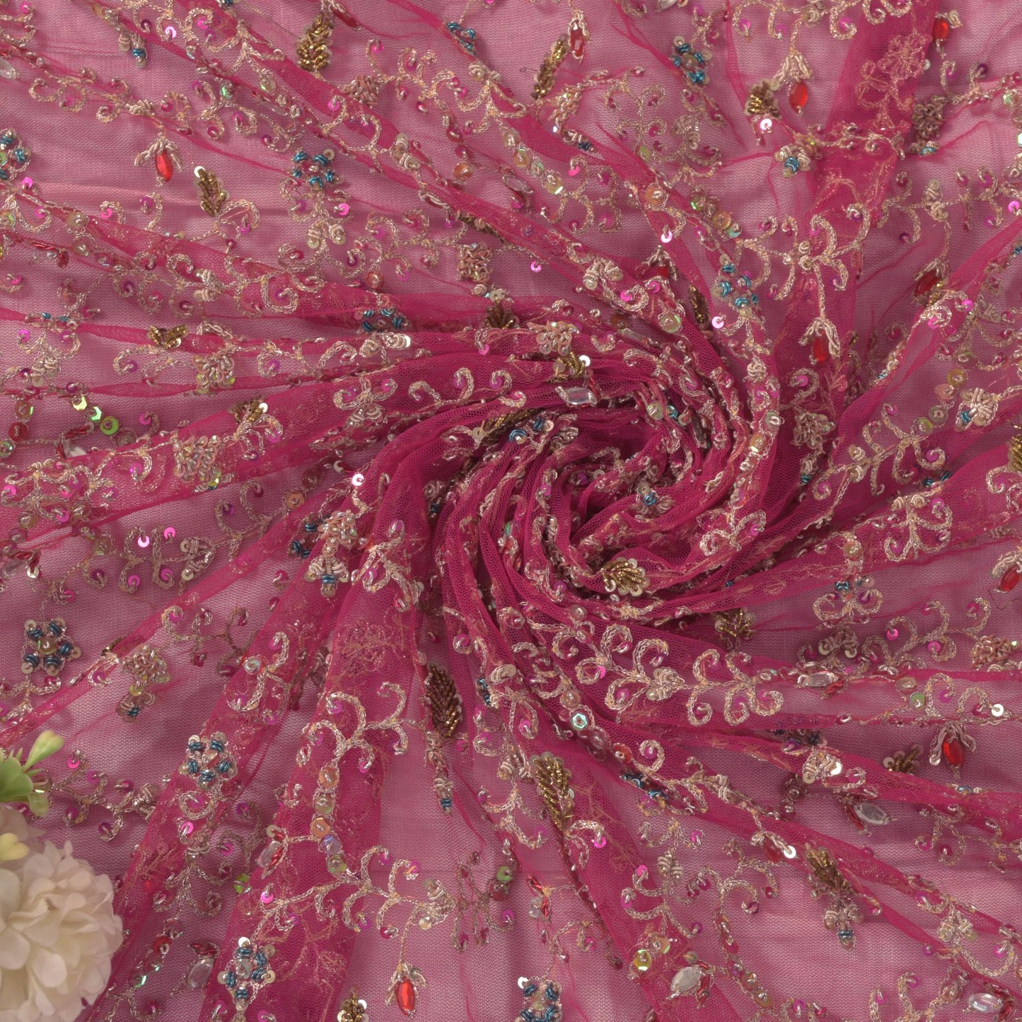 Sanskriti Vintage Pink Net Dupatta/Stole Hand Embroidery Zari Zardozi Bead Veil