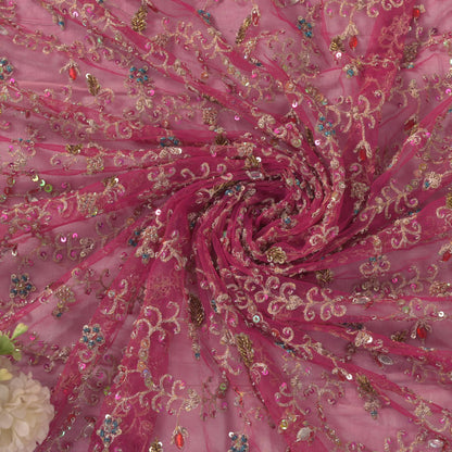 Sanskriti Vintage Pink Net Dupatta/Stole Hand Embroidery Zari Zardozi Bead Veil
