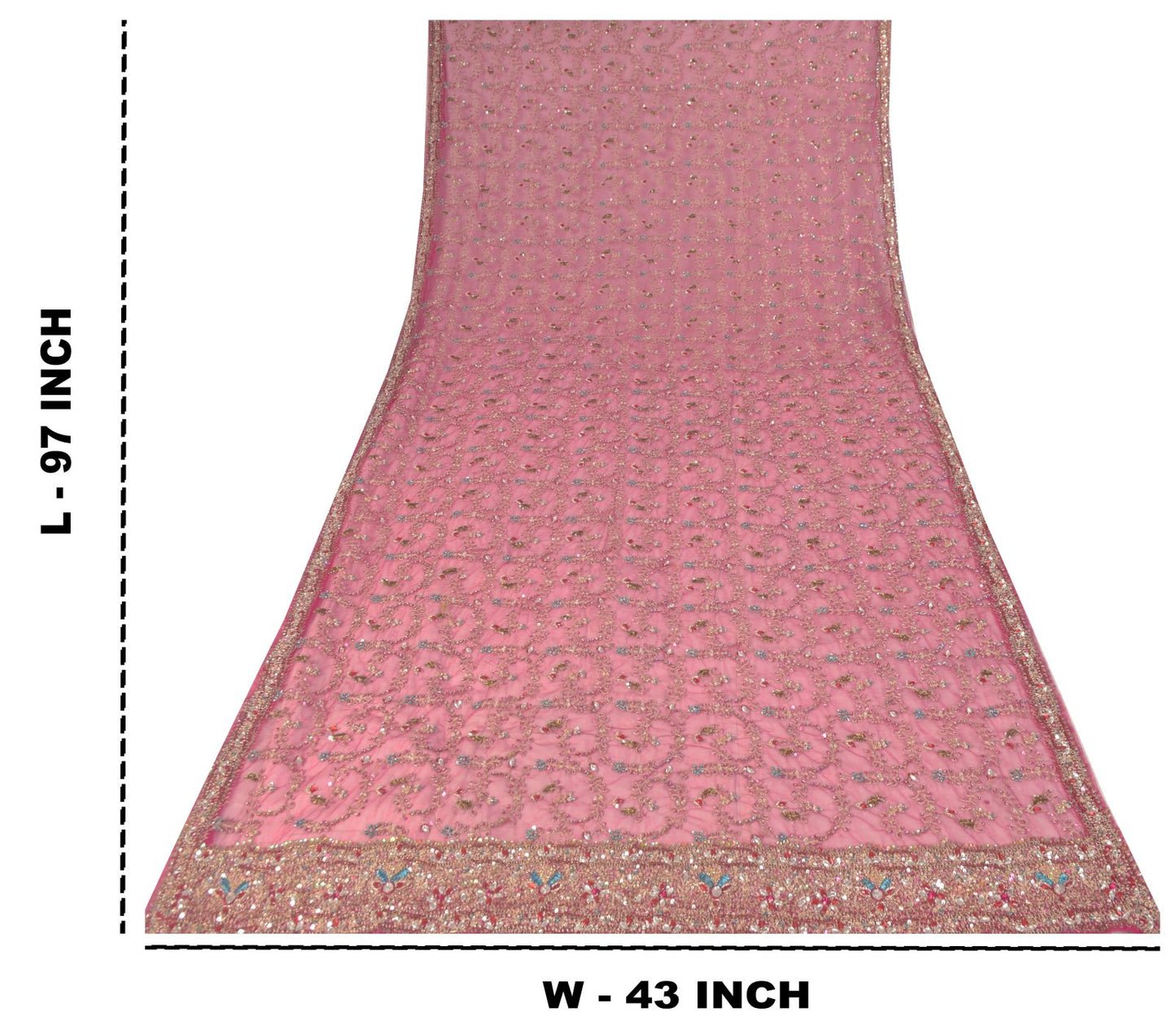 Sanskriti Vintage Pink Net Dupatta/Stole Hand Embroidery Zari Zardozi Bead Veil