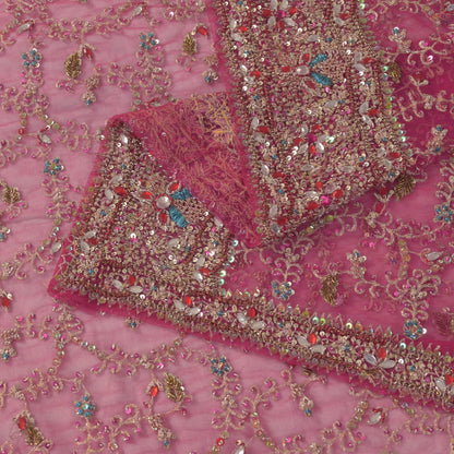 Sanskriti Vintage Pink Net Dupatta/Stole Hand Embroidery Zari Zardozi Bead Veil