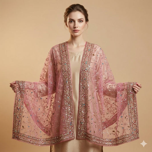 Sanskriti Vintage Pink Net Dupatta/Stole Hand Embroidery Zari Zardozi Bead Veil