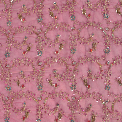 Sanskriti Vintage Pink Net Dupatta/Stole Hand Embroidery Zari Zardozi Bead Veil