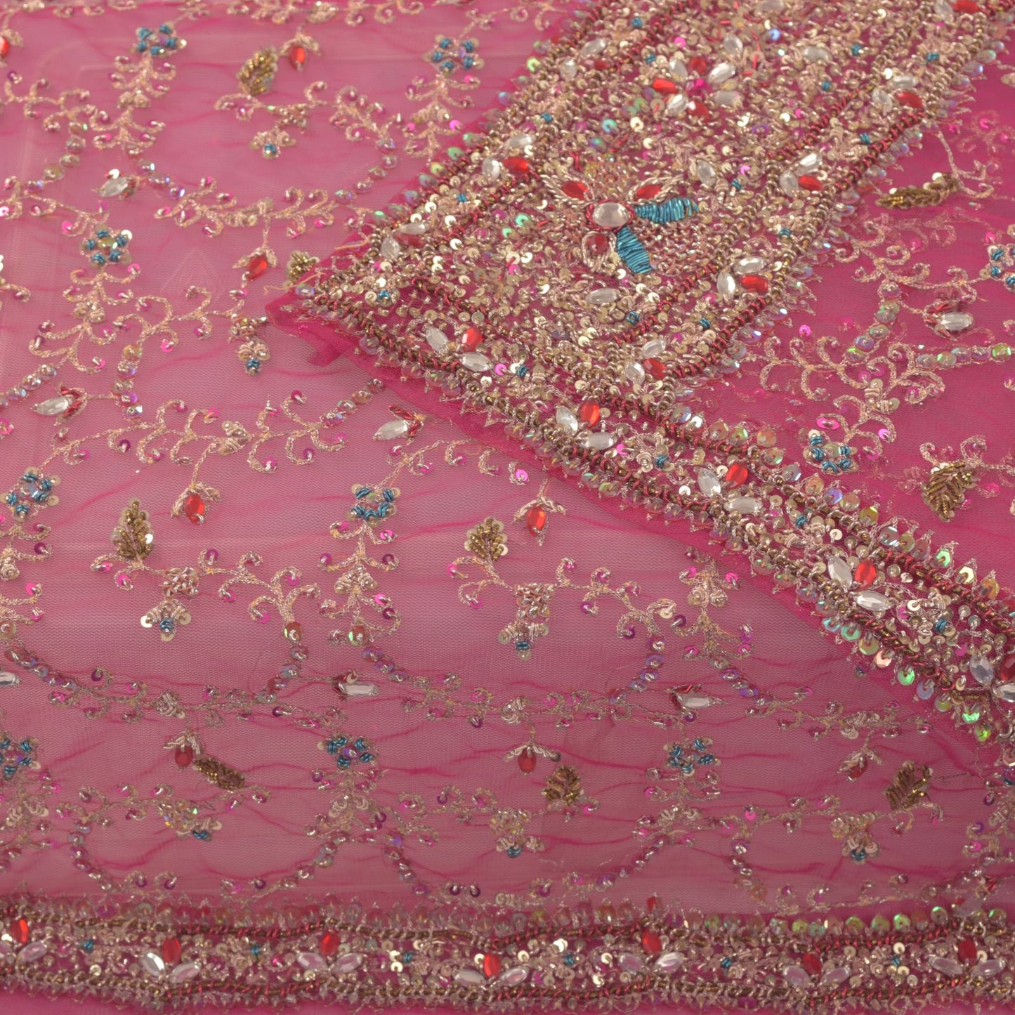 Sanskriti Vintage Pink Net Dupatta/Stole Hand Embroidery Zari Zardozi Bead Veil